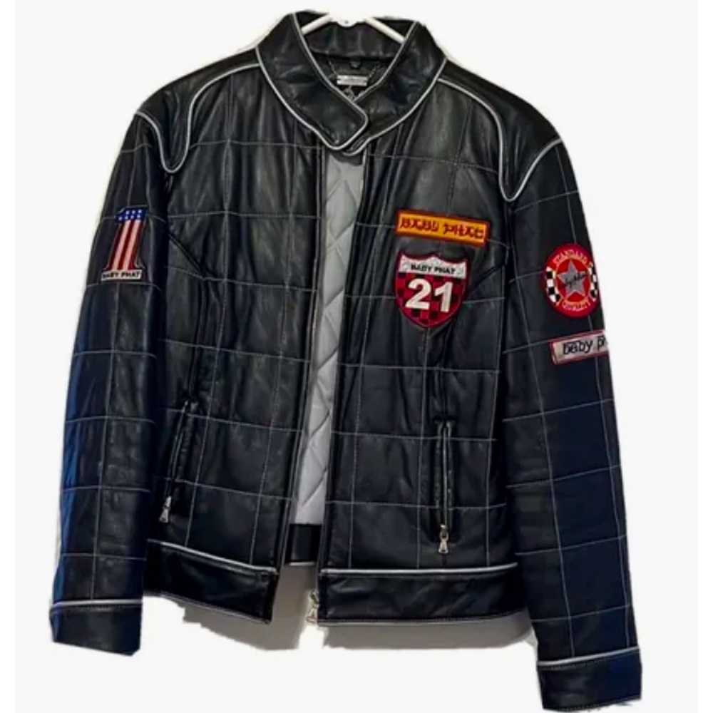 Baby Phat Leather Moto Jacket w/ Patches in size XL
